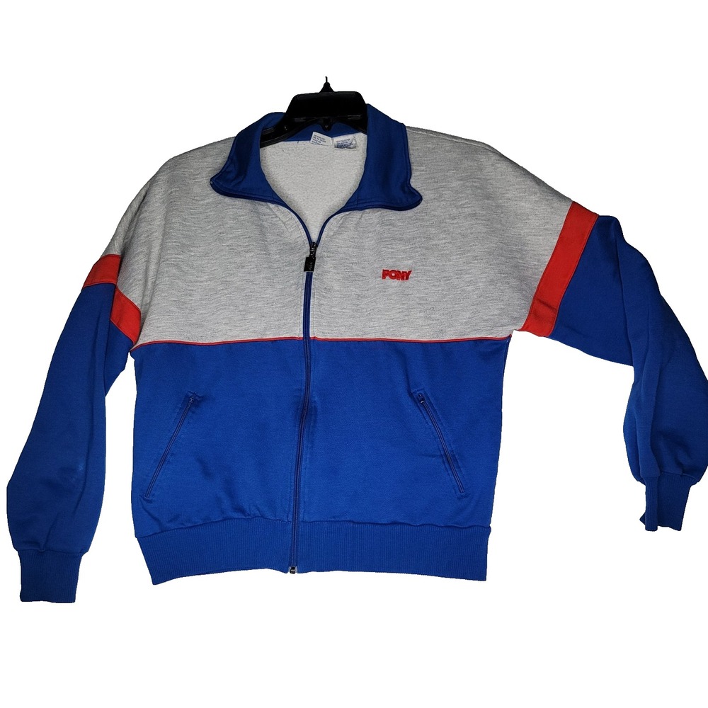 Vintage 80's Pony Men's Large Full Zip Track Jacket Blue Red Heather Gray
